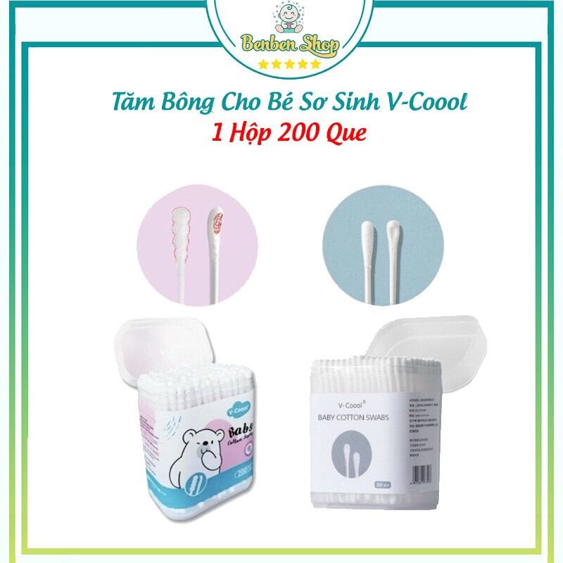 Tăm bông sơ sinh, bông ngoáy tai trẻ em Vcool kháng khuẩn . Hộp gấu xanh  xuất nhật