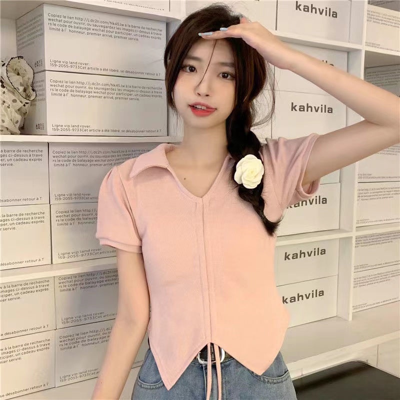 Áo polo Tay Ngắn Phồng Phối Ren Dây Rút Thời Trang Mùa Hè Cho Nữ