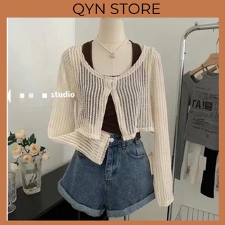 [ Hàng QC] Set Áo Len Lưới Dệt Kim Dài Tay Mỏng Nhẹ Xuyên Thấu Cổ V