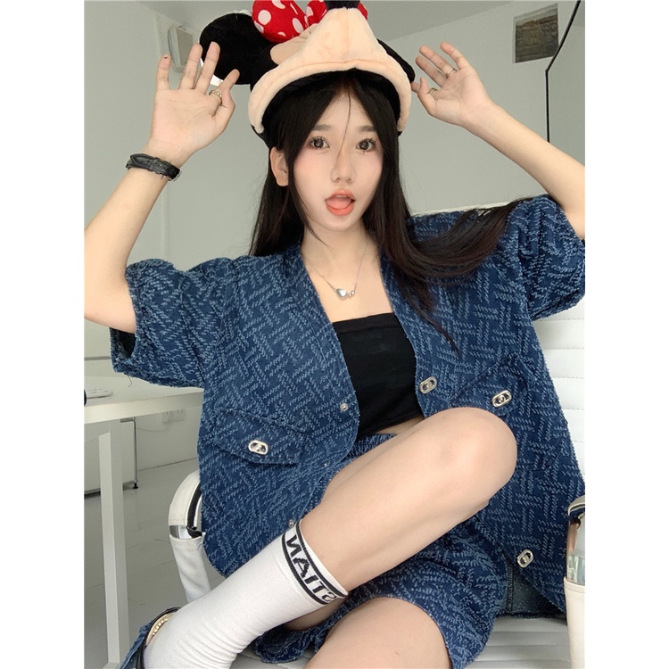 Set Áo Sơ Mi Denim Ngắn Tay + Quần Short Jeans Lưng Cao Ống Rộng Thời Trang Cho Nữ