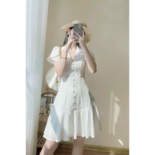 Đầm cổ vest nút bọc may hai lớp thiết kế cao cấp