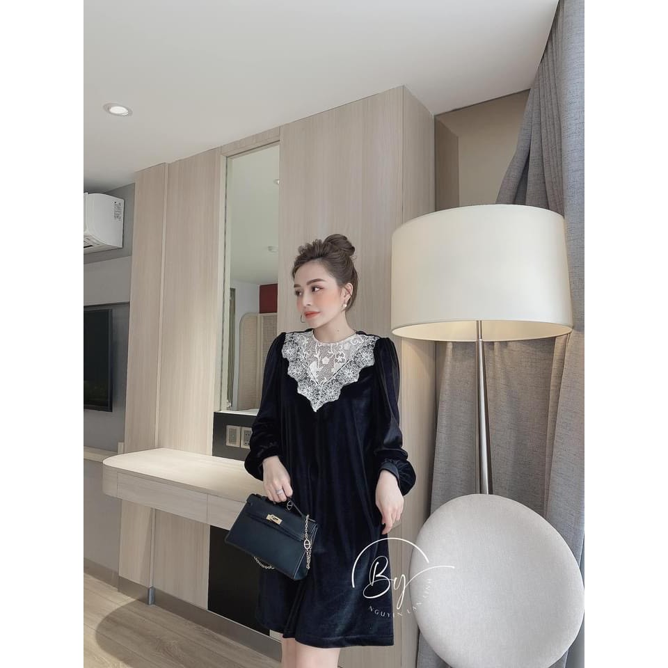 VÁY NHUNG ĐEN CỔ REN TRẮNG