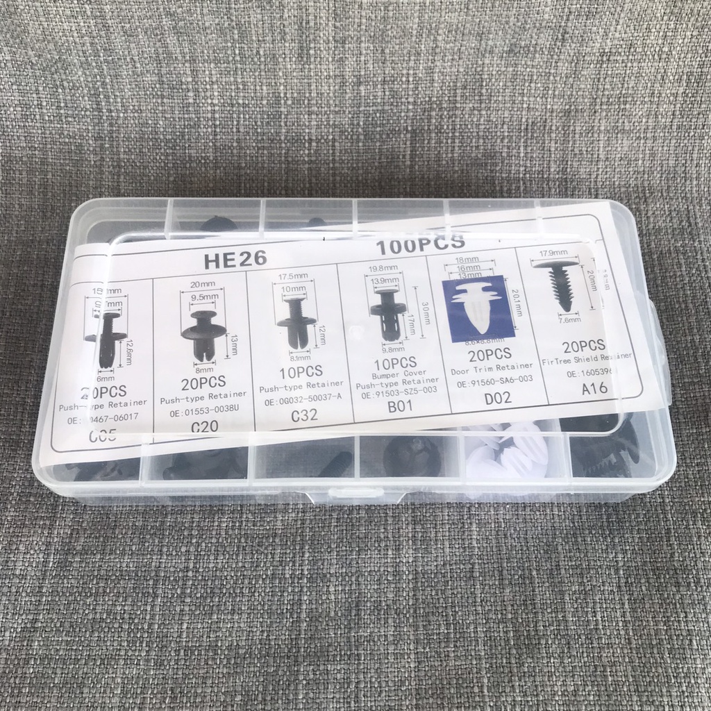 Bộ 100 nút nhựa nội thất ô tô kèm hộp - HE26