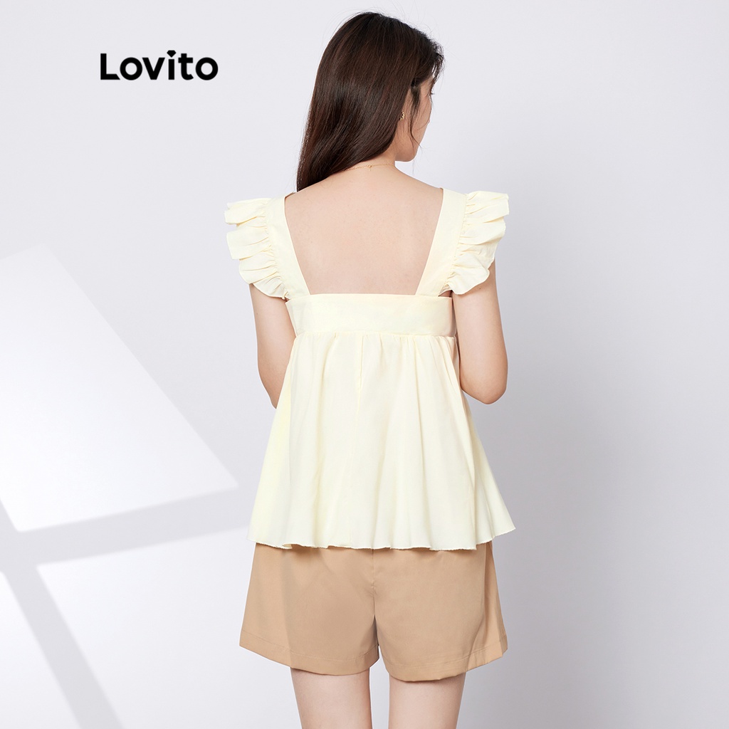 [Hàng có sẵn] Bộ Quần Short Xòe Nhún Bèo Màu Trơn Lovito L29AD064 (Màu Mơ)