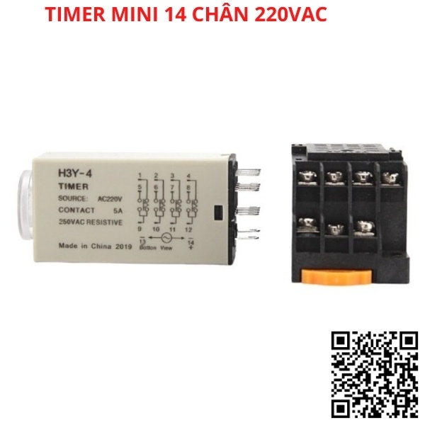 Timer hẹn giờ H3Y-4 relay mini thời gian, công tắc tự động 14 chân điện áp 220VAC tặng kèm chân đế PYF14A