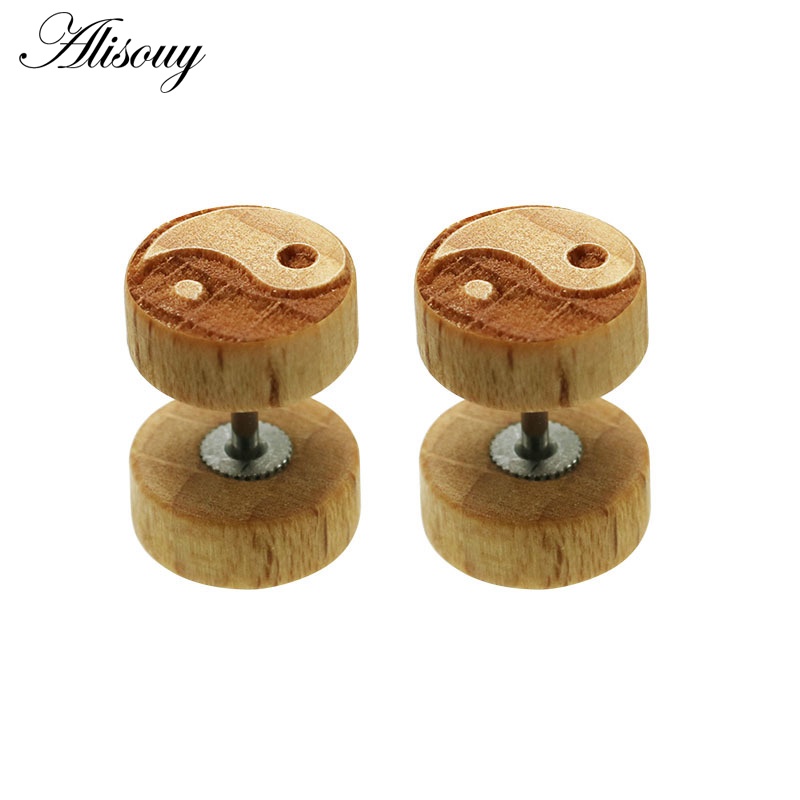 Set 2 Khuyên Tai Gỗ Xỏ Lỗ 6 / 8 / 10 / 12mm Màu Đen / Nâu Tự Nhiên Cho Nam Và Nữ