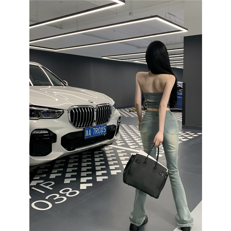 Set Áo Ống Ngắn Lưng Cao + Quần Jean Lưng Cao Co Giãn Thời Trang Mùa Hè Phong Cách Hàn Quốc Cho Nữ