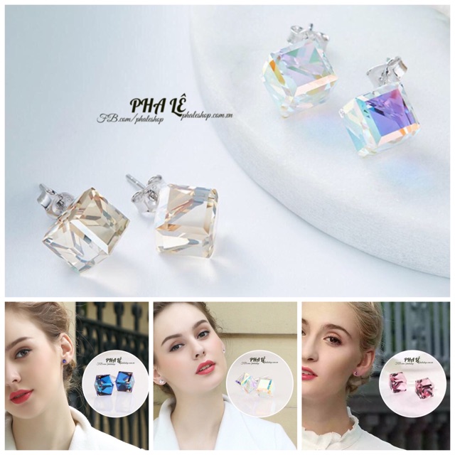 Bông Sát Tai Pha Lê Vuông Khối Được Thiết Kế Từ Pha Lê Swarovski