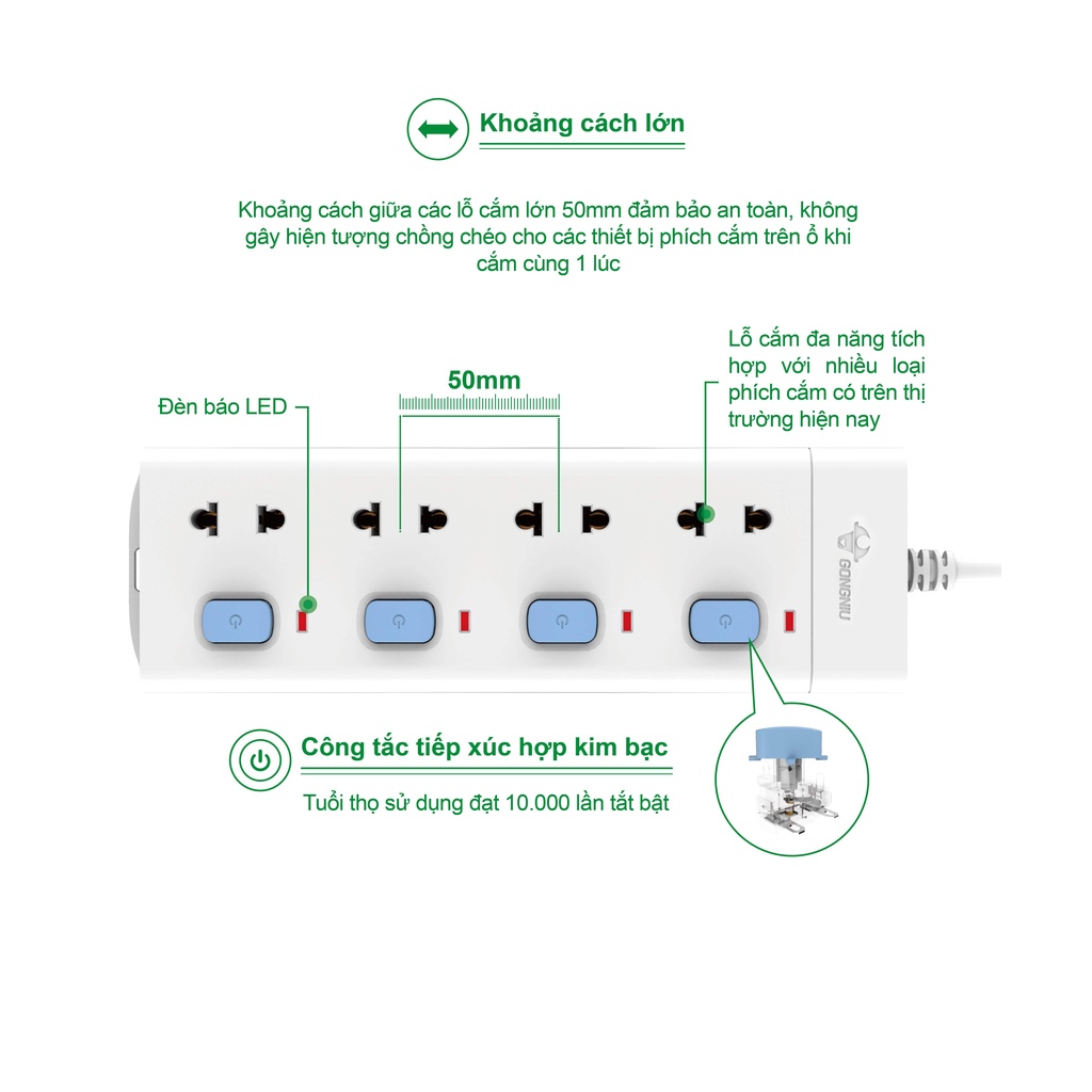 Ổ Cắm Điện Gongniu Chống Cháy 4 Ổ 4 Công Tắc 2500W/10A Dây dài 3/5M (V3040) - Chính Hãng