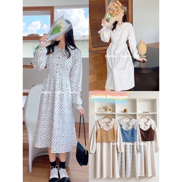 Váy hoa nhí cổ bèo Nhung Tăm, Váy nhung tăm Vintage Hàn Quốc - Dorita Boutique