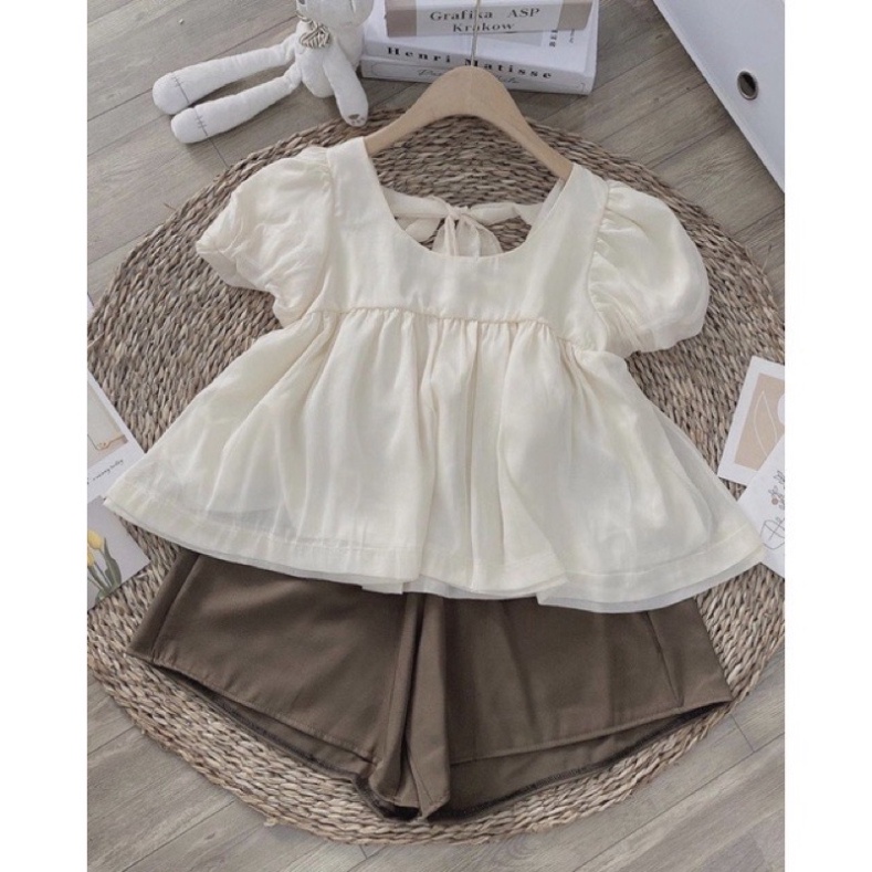 Sét áo voan quần nâu babydoll buộc nơ sau