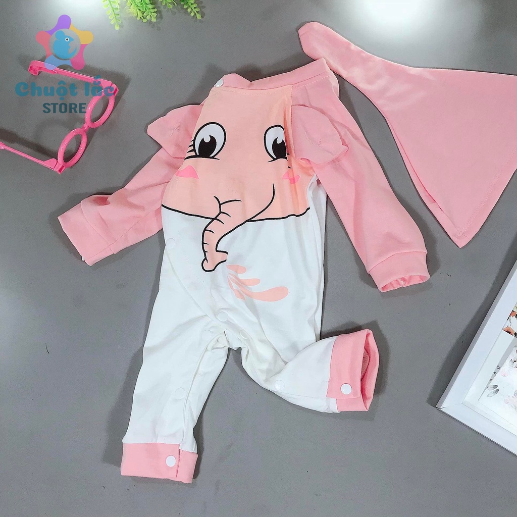 Bộ Đồ Body Dài Tay Chuột Lắc Store Cho Trẻ Sơ Sinh Hình Voi Thun Cotton 3kg Đến 12kg MÀu Xanh Hồng