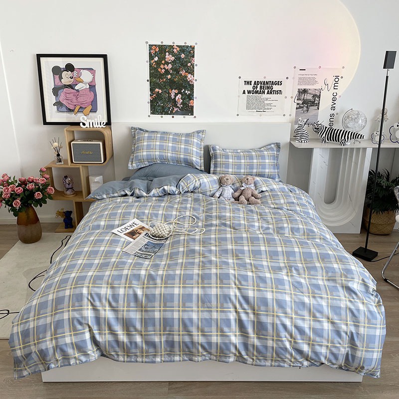 Bộ chăn ga gối cotton poly K'home set ga giường 4 món vỏ chăn ga gối có bo chun theo kích thước - Kẻ ô xanh vàng
