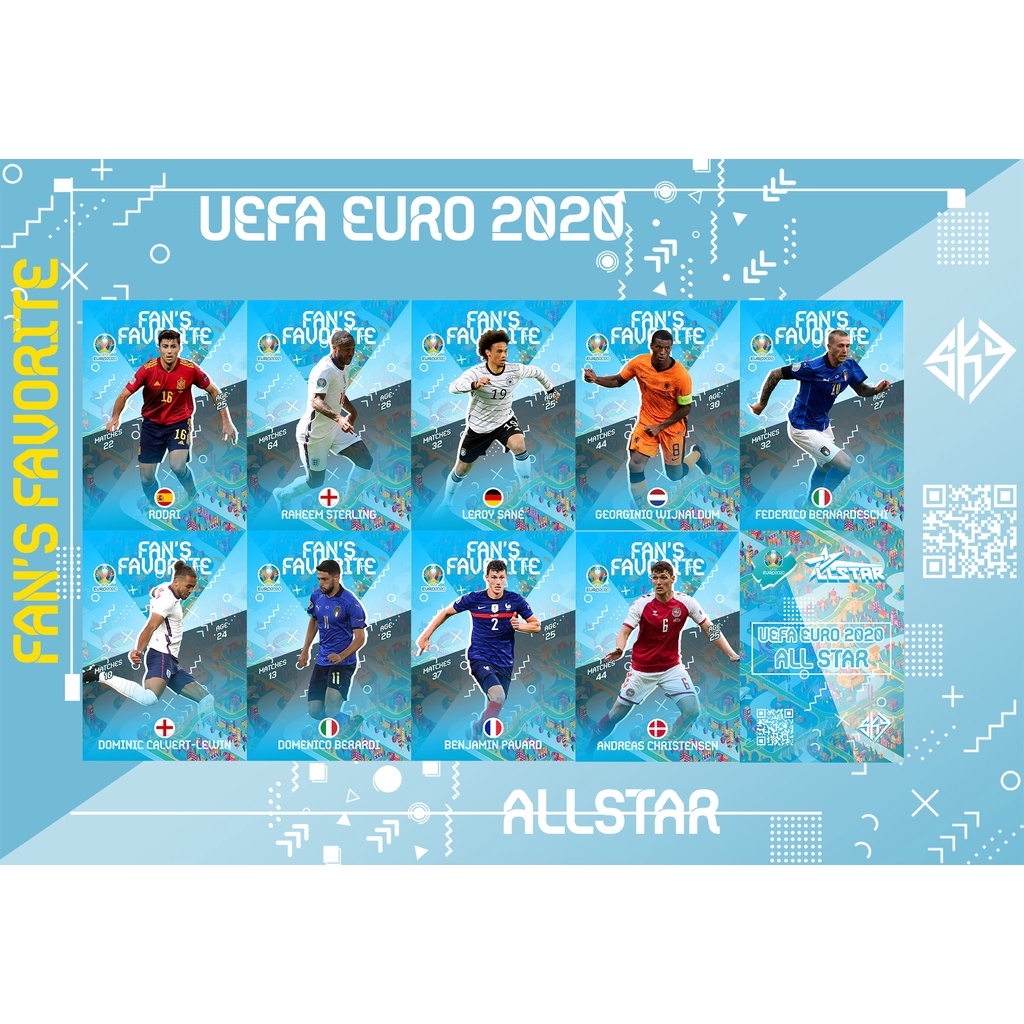 Thẻ Cầu Thủ Bóng Đá SKY Card Euro 20 FF | Sterling Bernardeschi Wijnaldum Pavard Rodri Lewin Sane Berardi Christensen