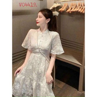 🎀 Đầm trắng gấm xòe cổ sườn xám 💟