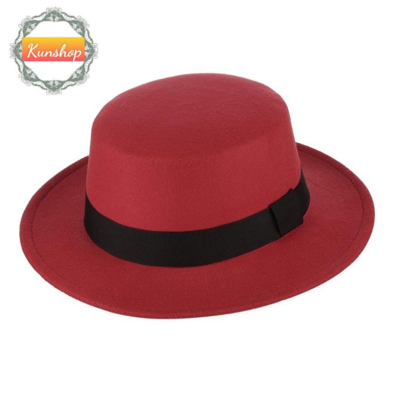 Mũ nón dạ fedora vành phẳng đai đen siêu sang chảnh