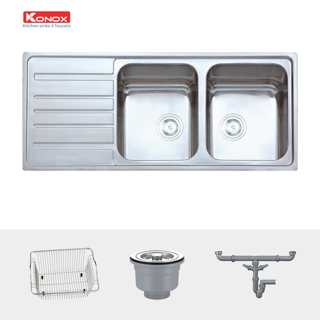 Chậu rửa bát có bàn chờ Konox European Artusi KS11650 1D, Inox 304AISI, Fullset: Siphon + Giá úp bát inox