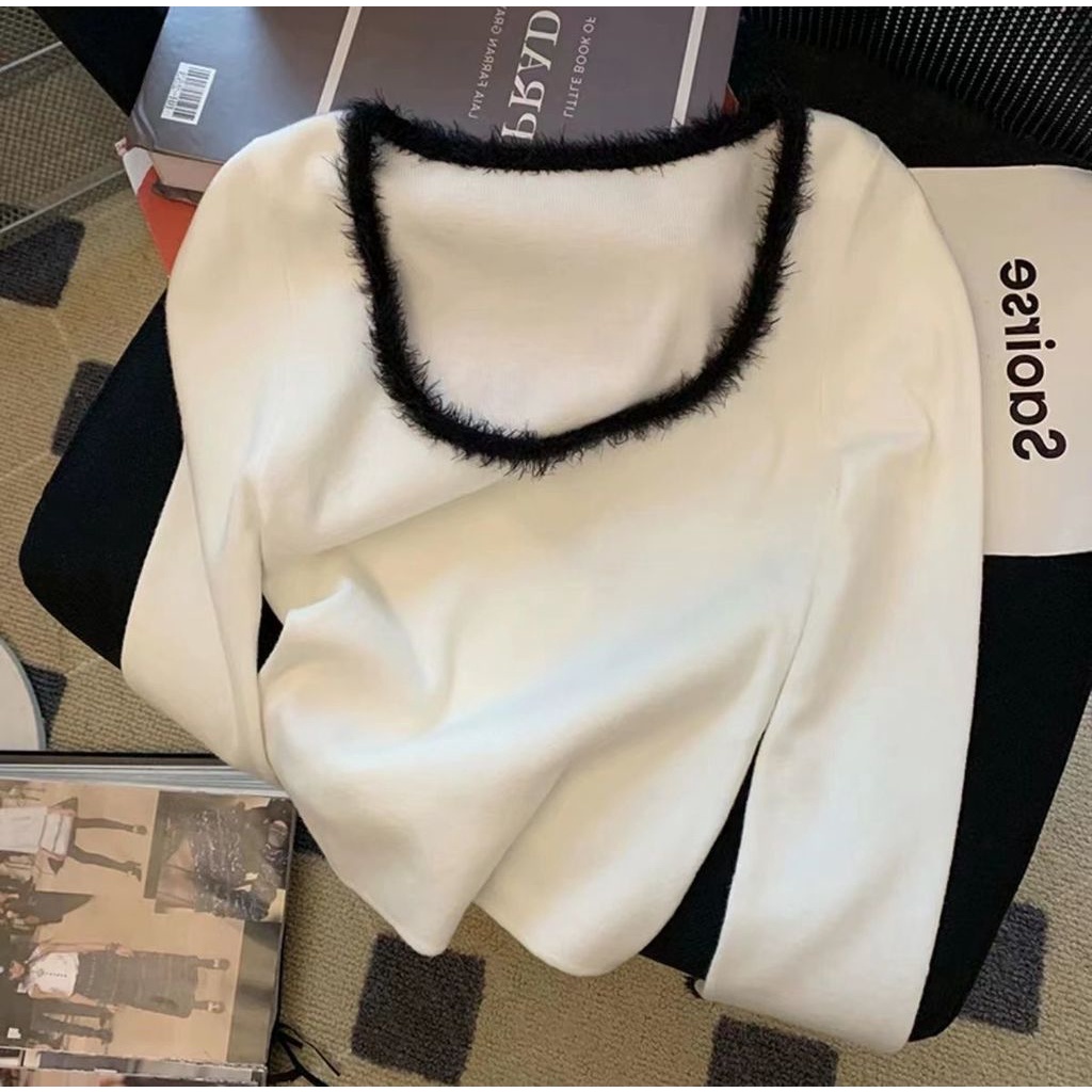 Áo sweater Dệt Kim Cổ Vuông Viền Thô Màu Trắng Thiết Kế Mới Cho Nữ