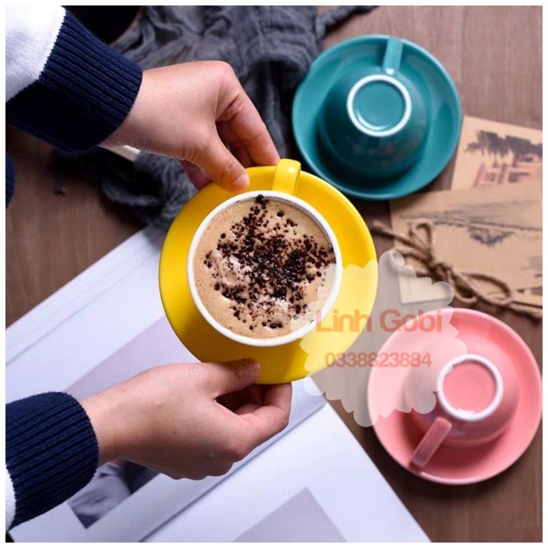 Tách cafe cappuccino kèm đĩa nhiều màu - Gốm sứ bát tràng