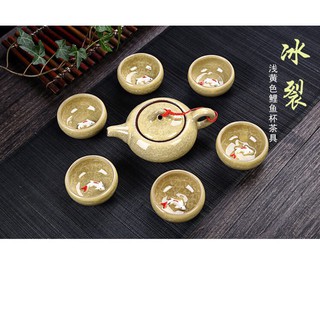 Bộ ấm chén uống trà in cá 3D tráng men