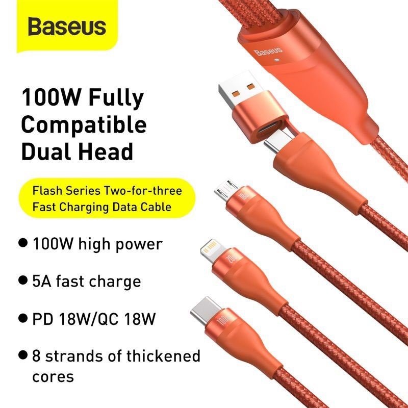 Cáp sạc nhanh Baseus Flash Series 3in1 Plus, dây sạc nhanh và truyền dữ liệu siêu tốc 2 đầu vào U+C và 3 đầu ra M+L+C