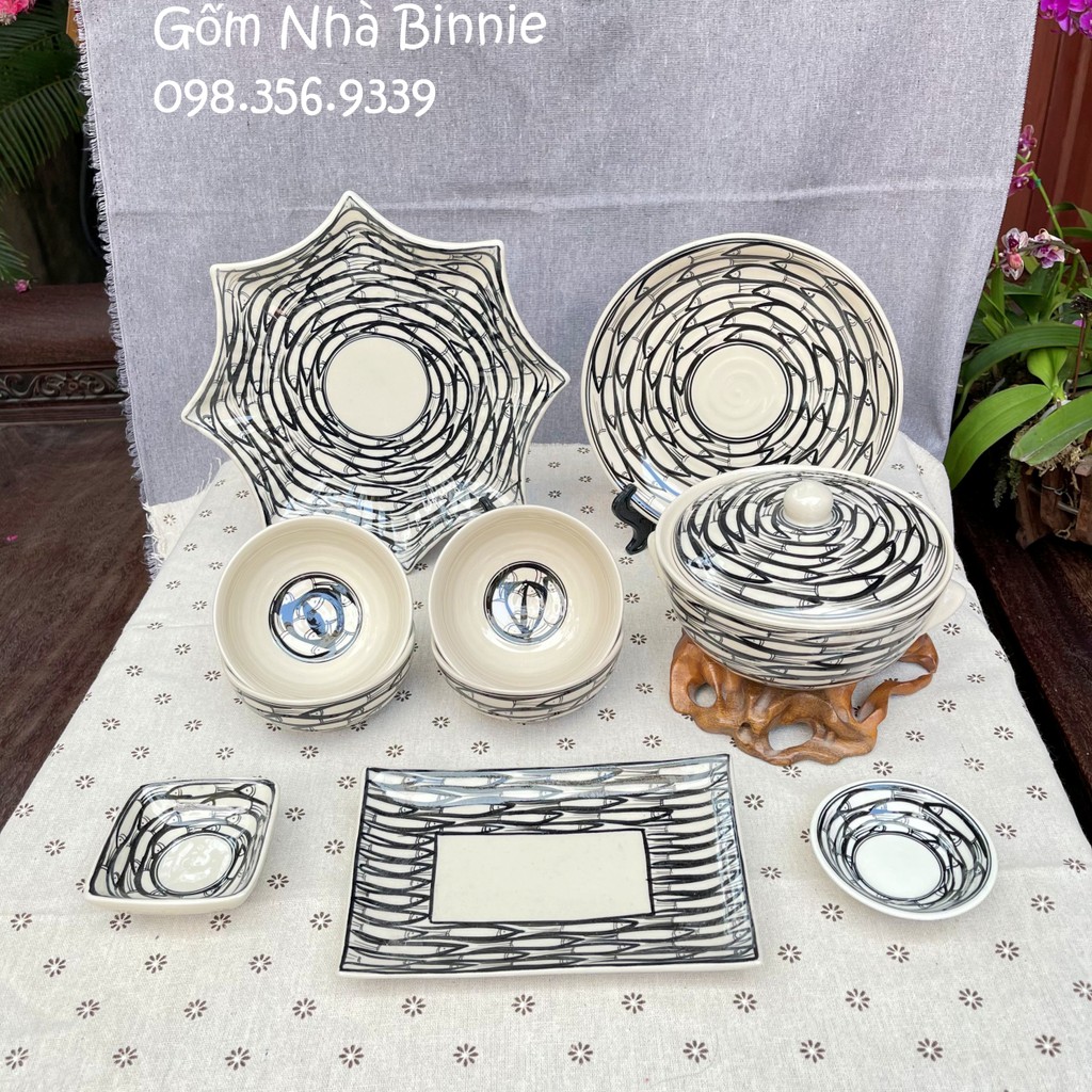 Bộ Bát Đĩa sứ Bát Tràng vẽ đàn cá - Set gia đình nhỏ 10 món