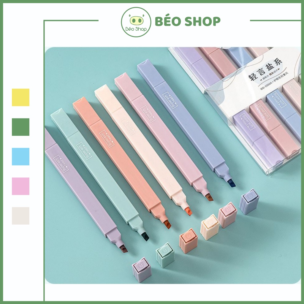 Bút highlight vuông pastel 2 đầu Béo shop , set 6 bút đánh dấu nhớ dòng morandi trang trí sổ bullet journal B18