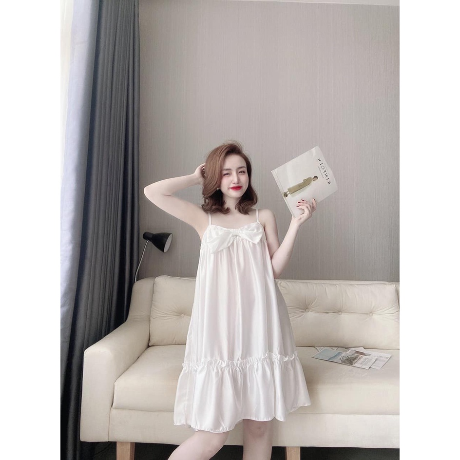 Váy Ngủ Bigsize - Đầm Ngủ 2 Dây Gợi Cảm Nơ Trước Ngực Chất Lụa Latin Cực Mát, Mịn Mặc Nhà Thoải Mái [DN36]