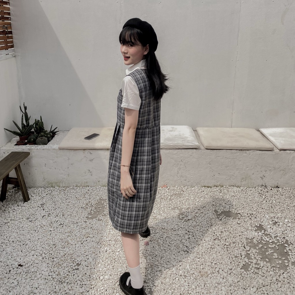 Váy yếm hoạ tiết kẻ caro xám form rộng ulzzang basic - Made by Fiin | BigBuy360 - bigbuy360.vn