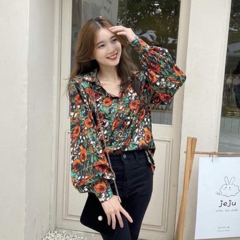 Áo Sơ Mi Lụa Satin Cao Cấp Hoạ Tiết Hoa Form Dài Tay Bồng 48-75kg