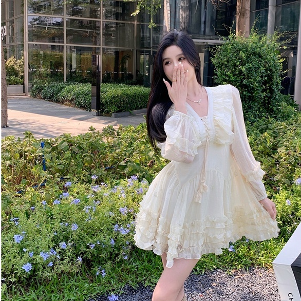 Đầm tiểu thư nữ tay phồng dáng xoè eo cao màu trắng ulzzang AK3132