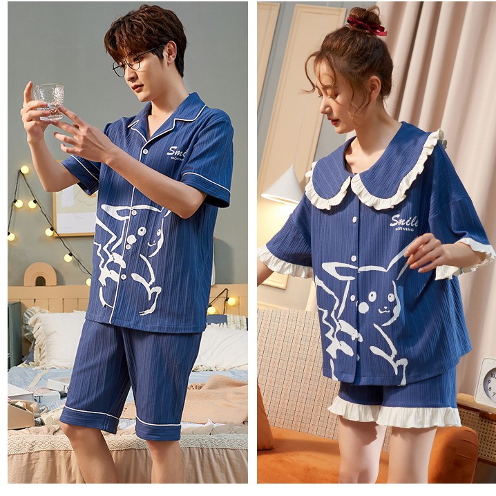 Bộ đồ ngủ cotton ngắn tay thời trang mùa hè dành cho nam và nữ