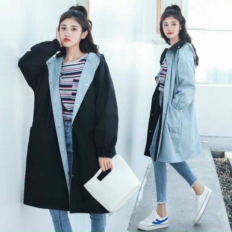 Áo khoác dù nữ 2 lớp mặc 2 mặt form dài và rộng