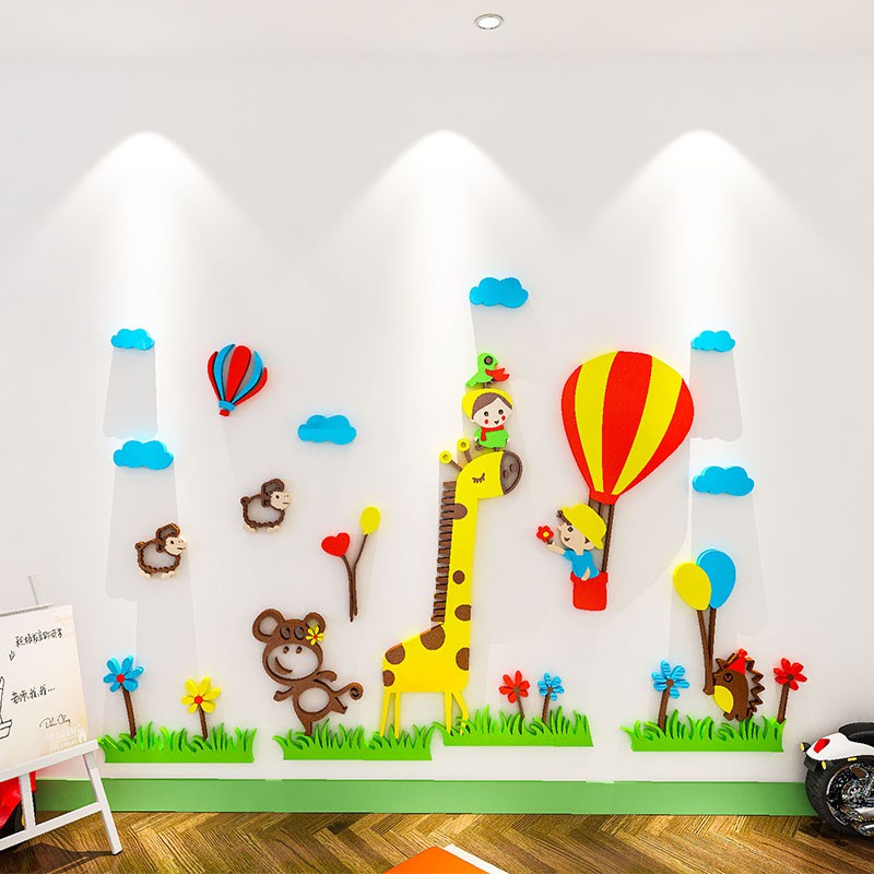 Tranh dán tường mica 3d decor khổ lớn khinh khí cầu hươu cao cổ và bé trang trí mầm non, phòng bé Nhiều Size - EPeBen