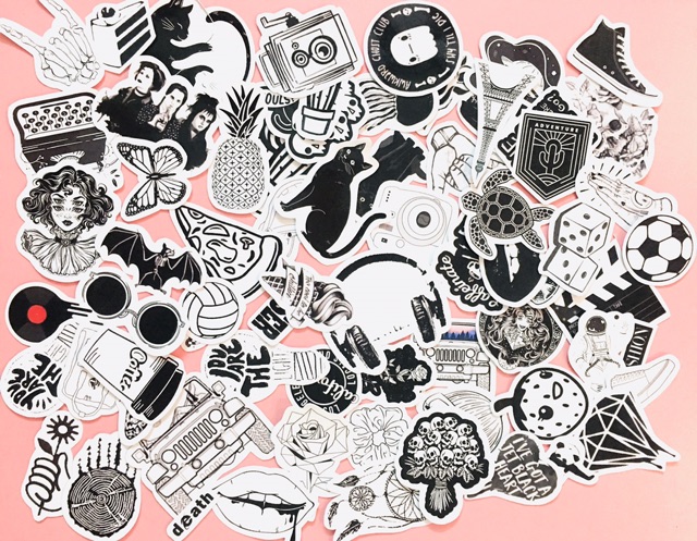 Sét 30-50 cái Sticker đen trắng black white ép lụa đề can bóc dán