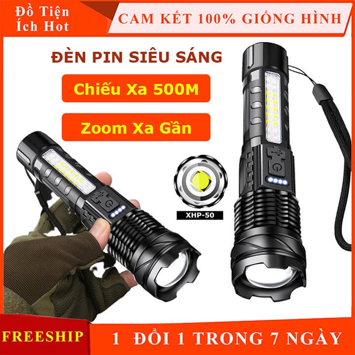Đèn pin siêu sáng cầm tay XHP50 chiếu xa 500m có Zoom, pin trâu 2600mAh, chống nước IP65, Có COB đèn phụ