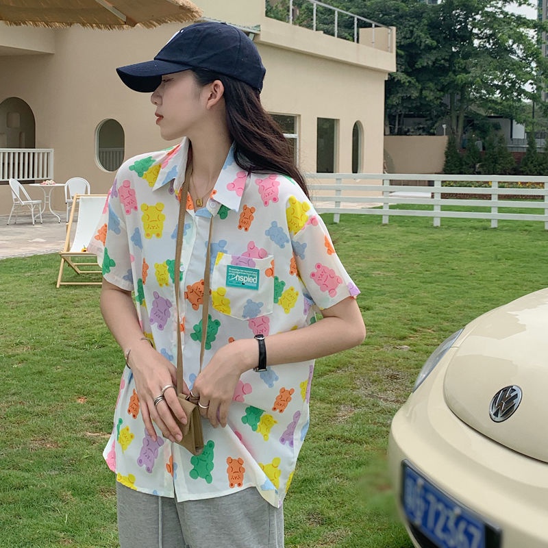 IELGY Áo sơ mi chiffon IELGY mỏng tay ngắn dáng rộng kiểu Hàn Quốc cho nữ