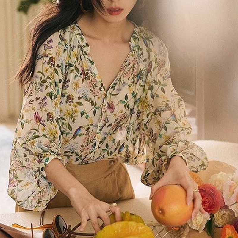GENAISHA Áo sơ mi voan tay lỡ họa tiết hoa thanh lịch thời trang cho nữ 211021