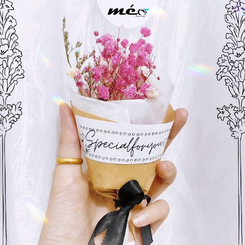 BÓ HOA MINI bi hồng cute NÂU Kraft làm quà tặng, trang trí decor góc học tập