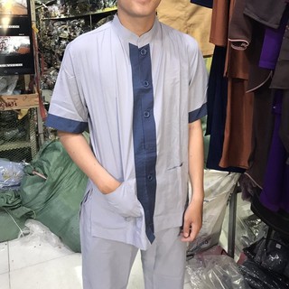 (LÃNH TỤ PHỐI) đồ lam đi chùa, Quần áo lam Phật tử nam đi chùa mẫu Kate nam lãnh tụ phối