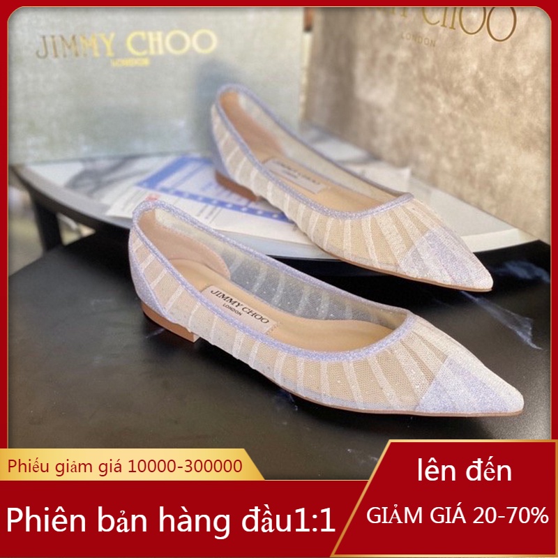Jimmychoo Giày đế bằng màu tím phối lưới thoáng khí thời trang cho nữ