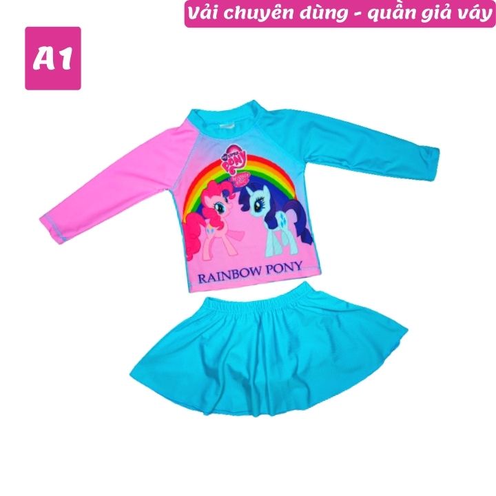 Đồ bơi bé gái tay dài hình Pony từ 10-39kg -quần giả váy tạo kín đáo- Tomchuakids