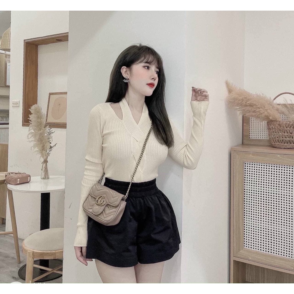 Áo len xoắn khoét vai tay dài chất len mềm co giãn - áo len kiểu nữ