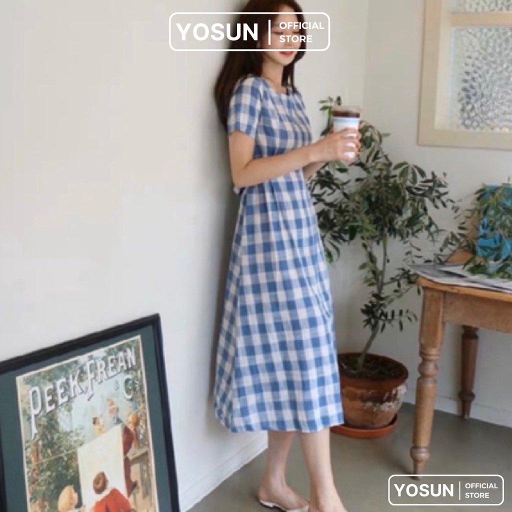 Đầm Cổ Vuông Hoạt Tiết Caro Màu Xanh Có Dây Cột Eo, Đầm Dáng Dài Basic Thanh Lịch Đi Dạo Phố