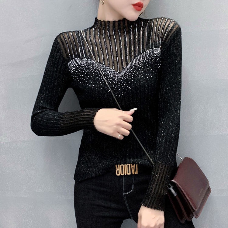 Áo Sweater Dệt Kim Cổ Lọ Phối Ren Lưới Thời Trang Xuân Thu Cho Nữ