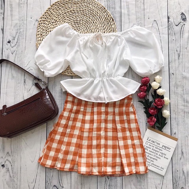 Sunshine Set - Set áo trễ vai + váy caro xếp li🧡