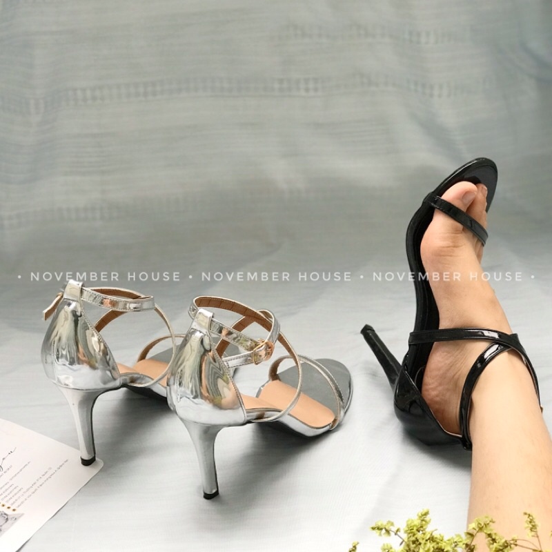 Giày sandal cao gót nữ da bóng kiểu dáng chéo dây mảnh gót nhọn bền đẹp ôm chân, SD49, November House