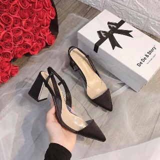 Giày Sandal Và Guốc Cao Gót Quai Trong Mũi Đen Phối Chun Sau (H8 và H6)