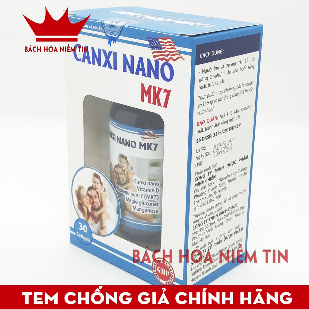 Viên uống Canxi Nano MK7 phát triển hệ xương, chắc khỏe xương và răng, giảm loãng xương, tăng chiều cao - Hộp 30 viên