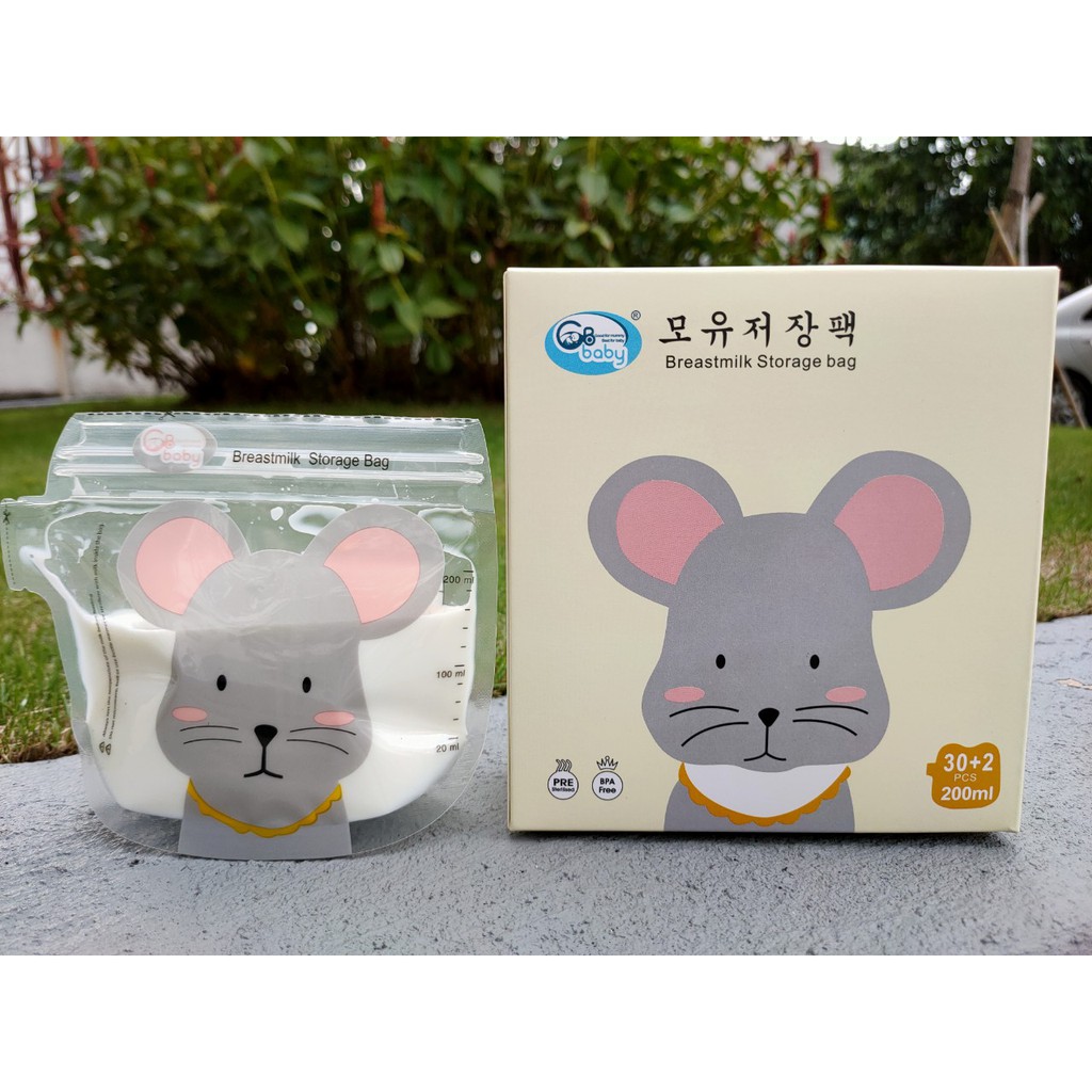 (Mẫu mới) Túi trữ sữa GB Baby 200ml có vòi rót hình bé chuột đáng yêu (32 túi/hộp)